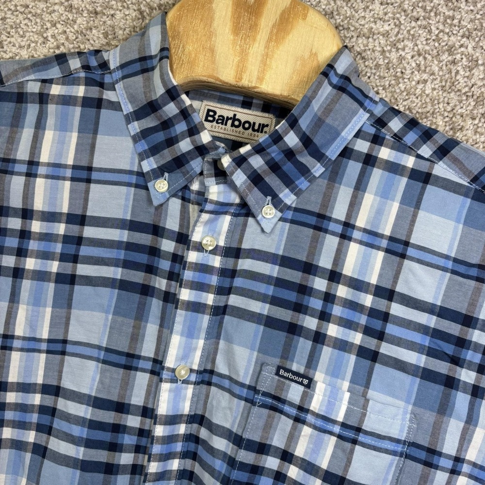 Barbour Shirt Mens Large Blue Plaid Long Sleeve Button Down Tailored Fit Casual